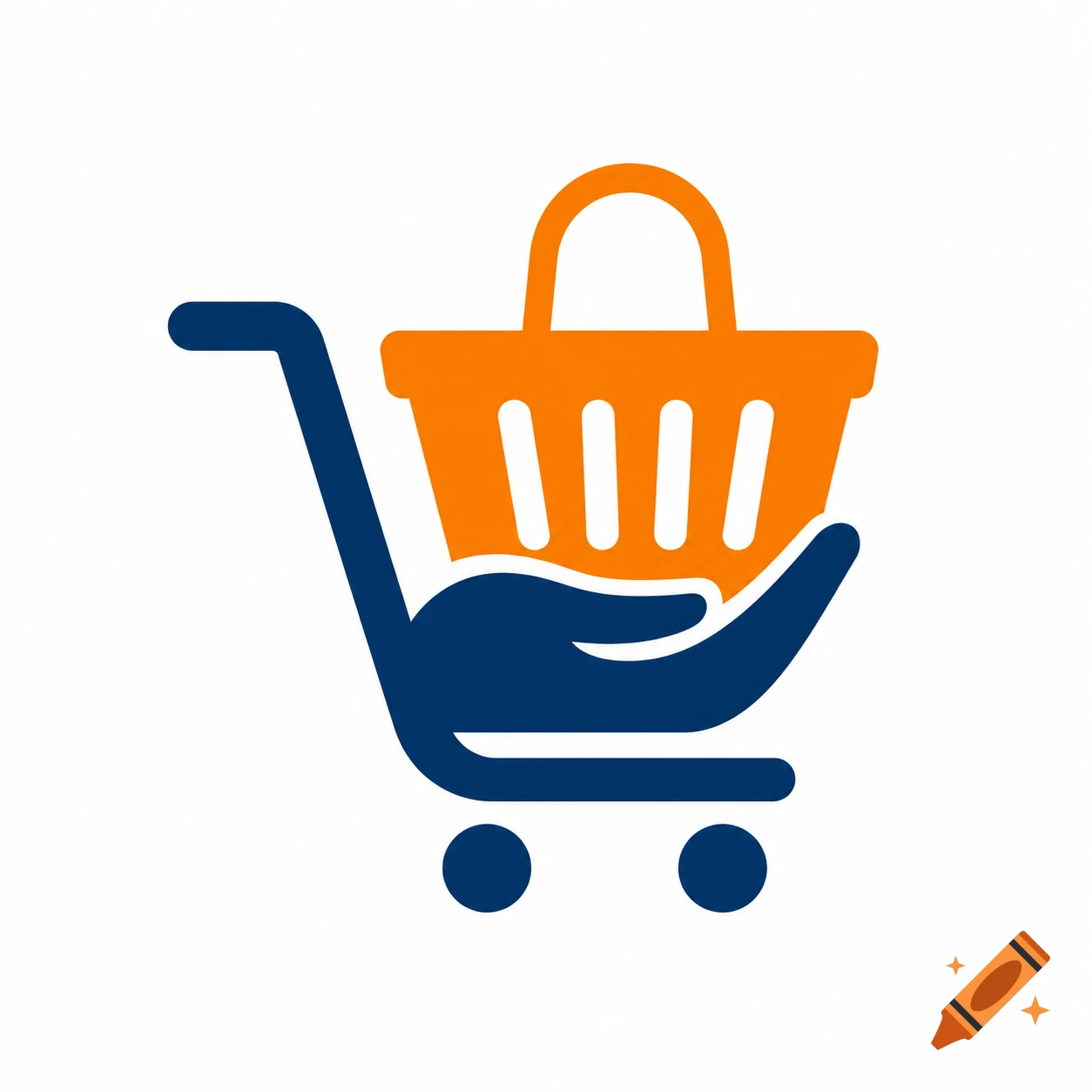 A flat vector logo of a dark blue shopping cart with an orange basket, integrated with a blue helping hand.