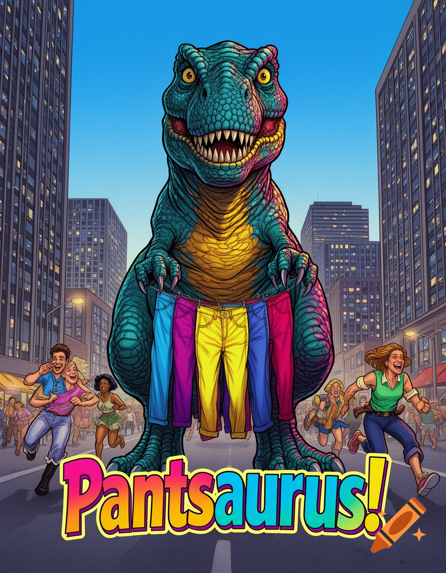 Vibrant comic poster: a giant teal dinosaur holds colorful pants above fleeing people in a city. Text reads 'Pantsaurus!'.