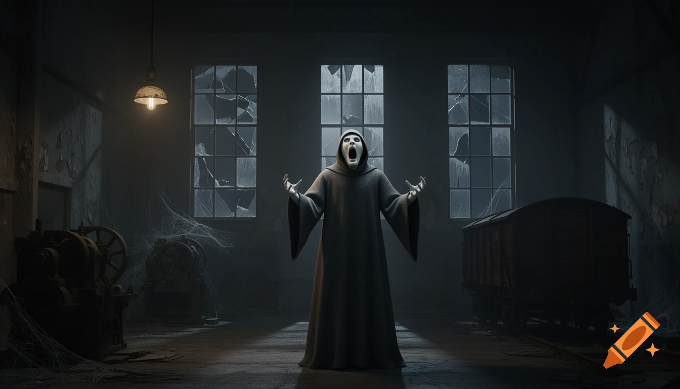 An eerie 3D render of a screaming ghost in a dark cloak, arms raised, standing in an abandoned, cobweb-filled factory with broken windows and old machinery.