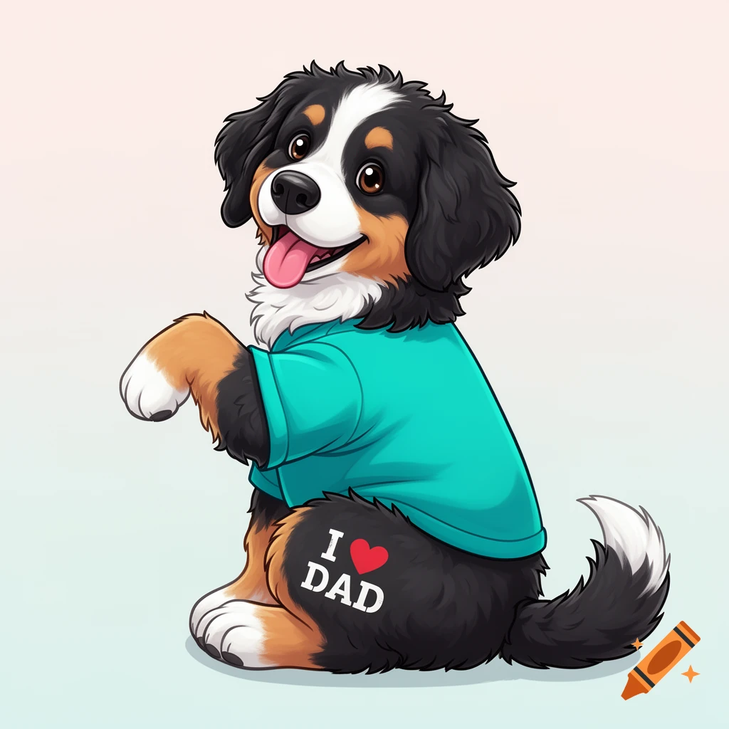 A fluffy tricolor cartoon dog in a teal shirt turns its head, showing "I DAD" on its upper leg against a pastel background.