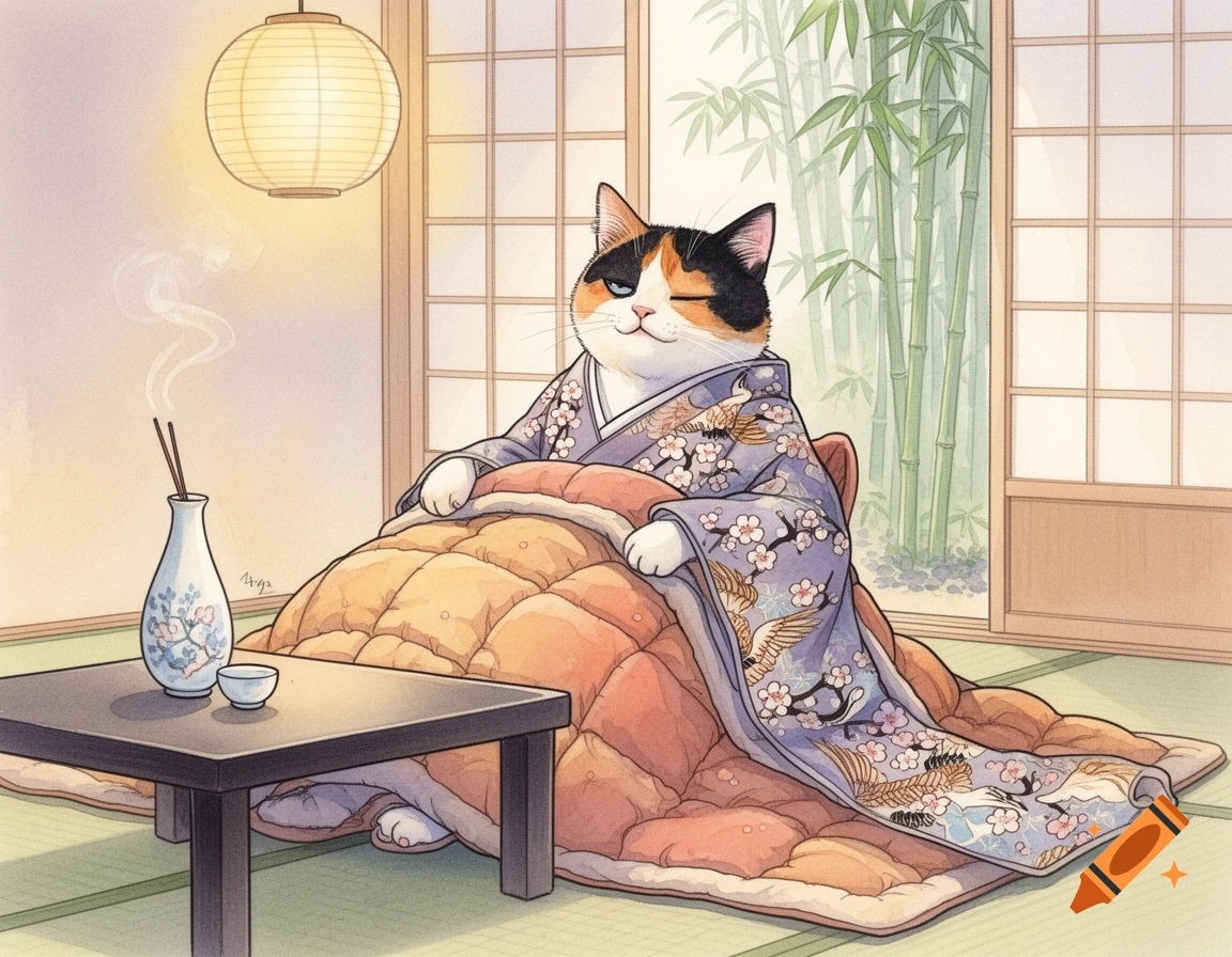 A cozy watercolor illustration of a calico cat in a kimono, sitting at a kotatsu table with sake and incense in a Japanese room.