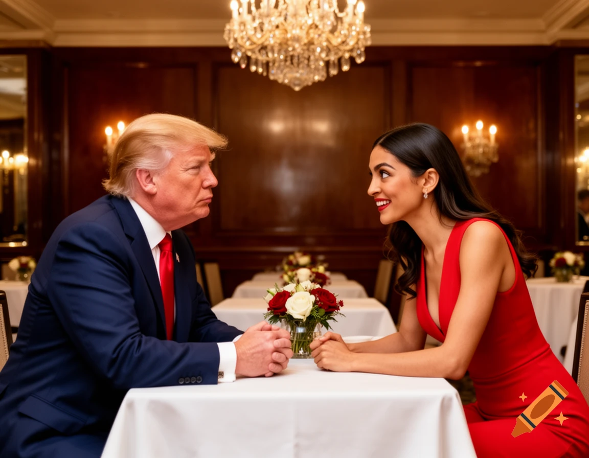 Photorealistic image of Donald Trump and Alexandria Ocasio-Cortez at a restaurant table, she in a red dress, he in a suit.