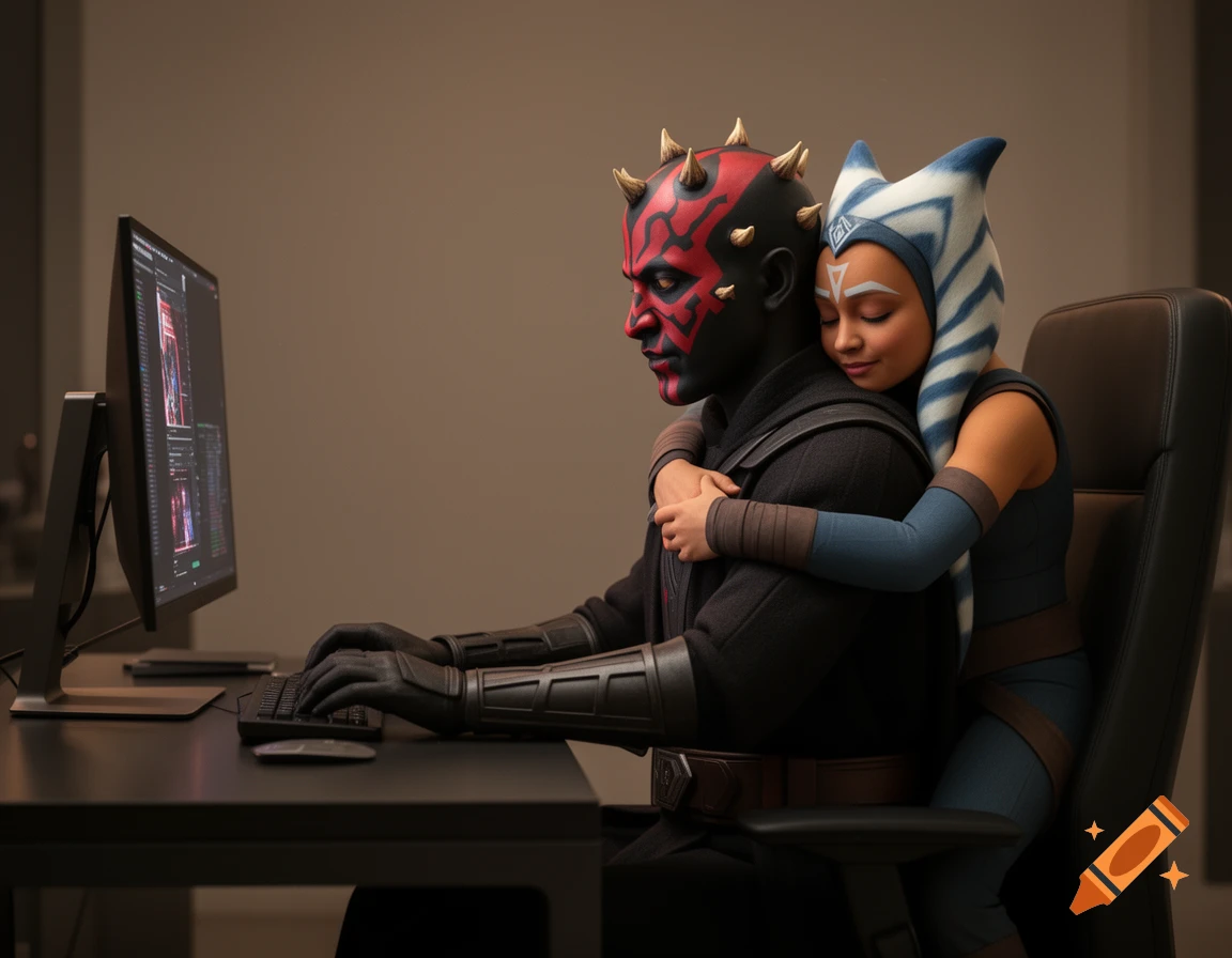Darth Maul works at a computer while a young Ahsoka Tano hugs him from behind, resting her head on his back, in a photorealistic style.