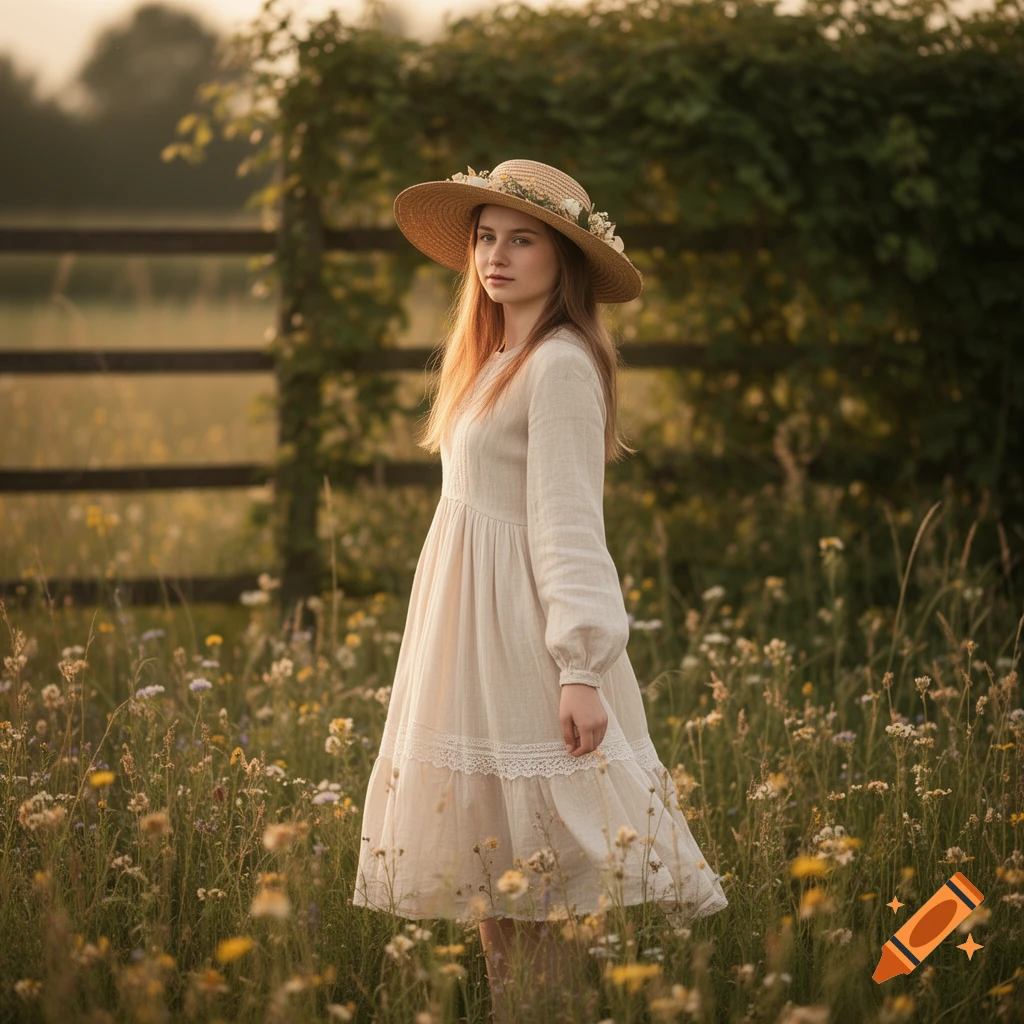 A young woman in a straw hat and light dress stands in a sunny field of wildflowers, with a rustic fence behind her, in a cottagecore style.