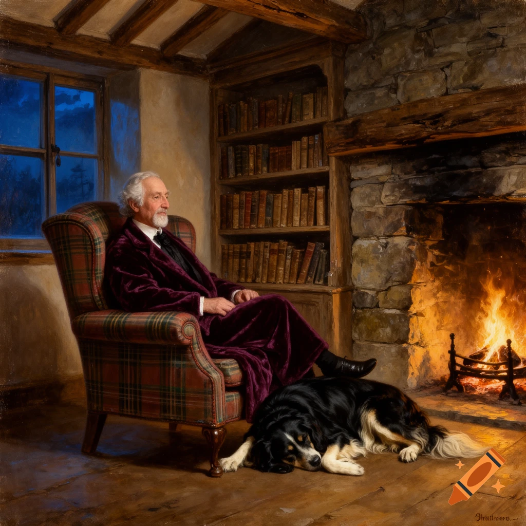 Oil painting of an old man in velvet robe sitting in an armchair by a fireplace with a sleeping dog. Bookshelf in background.
