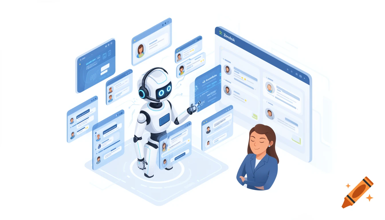 3D isometric illustration of an AI robot with headset managing floating digital screens of customer queries, beside a relaxed human supervisor, on a white background.