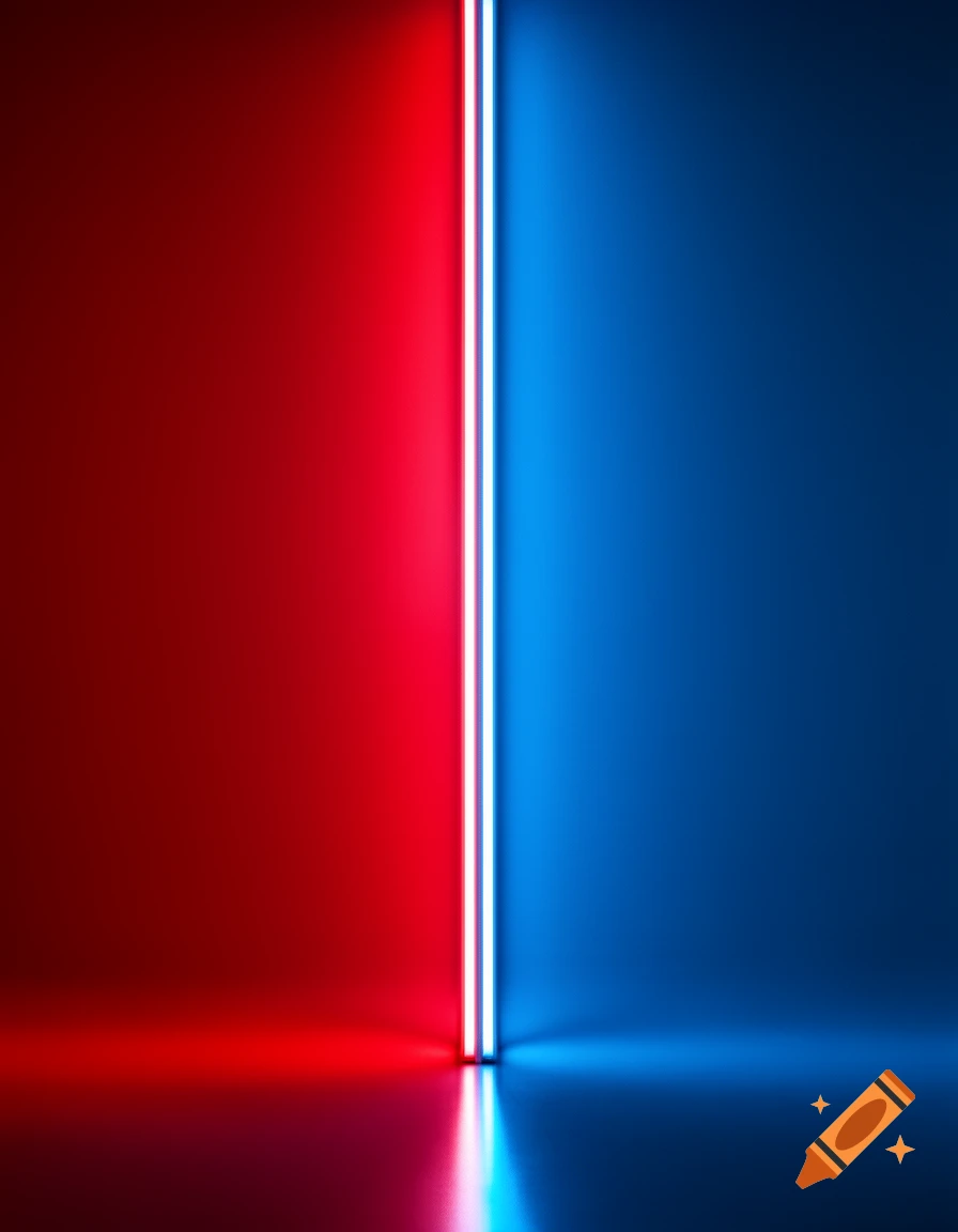 A vertical white neon light divides a red wall from a blue wall, with reflections on the floor.