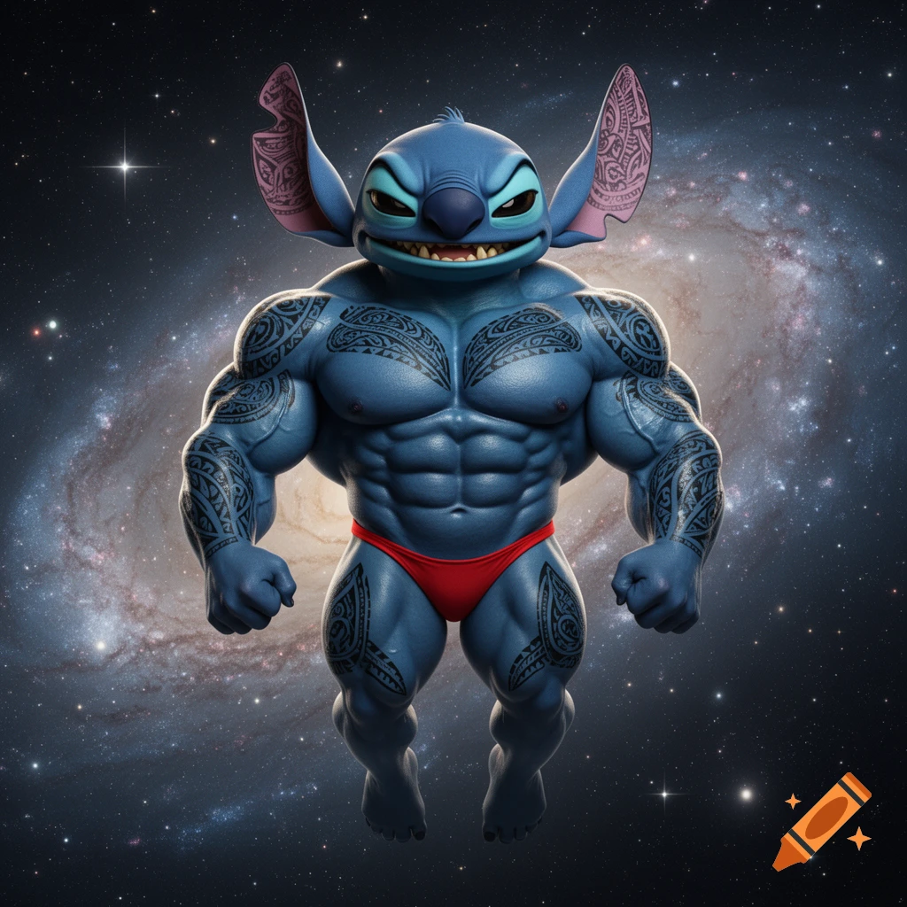 A heavily muscled blue Stitch, covered in Polynesian tattoos and a red thong, floats in space with an arrogant smile.