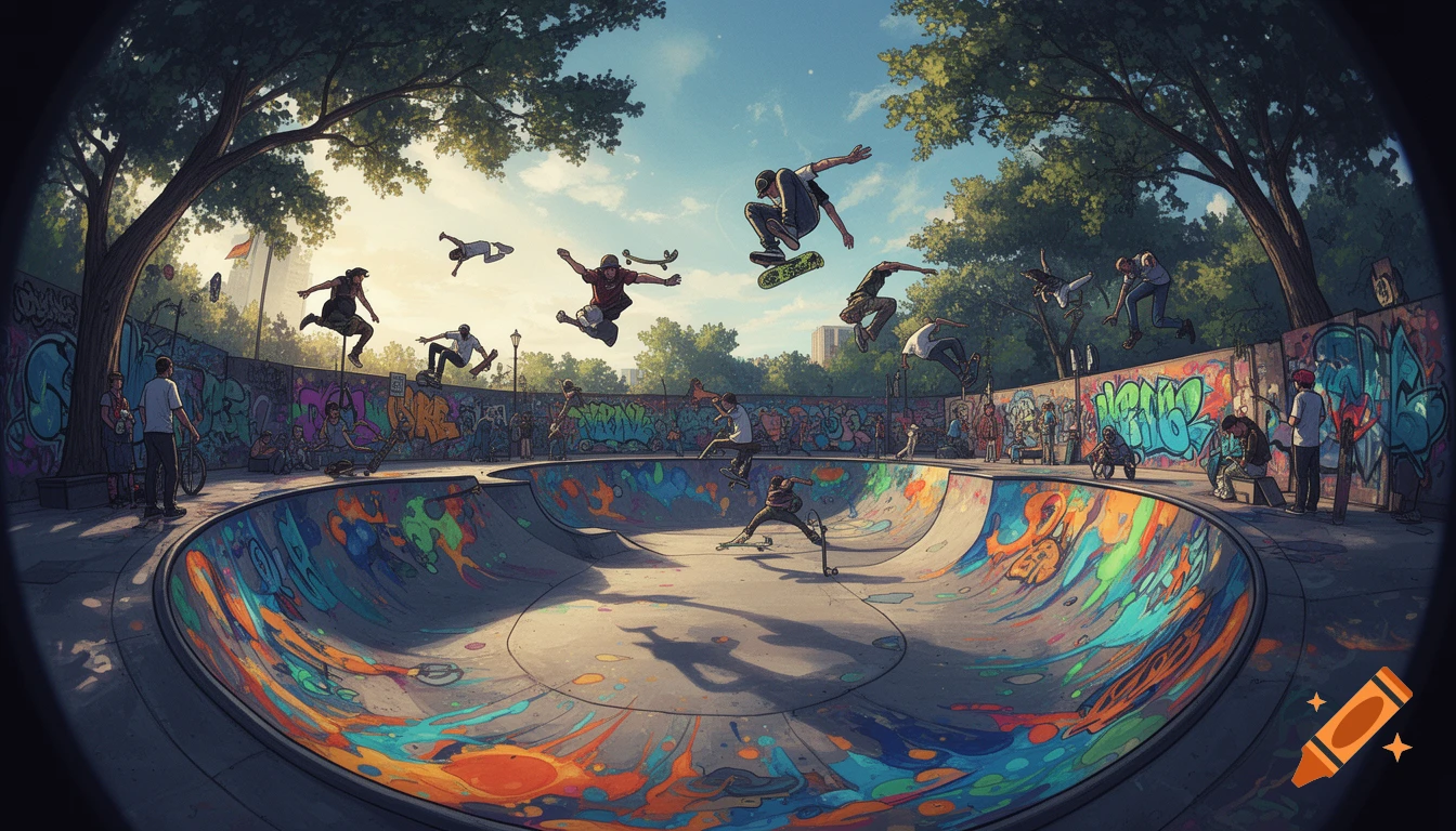 A vibrant, fish-eye illustration of a busy skatepark with multiple skateboarders performing aerial tricks above and within a graffiti-covered bowl.