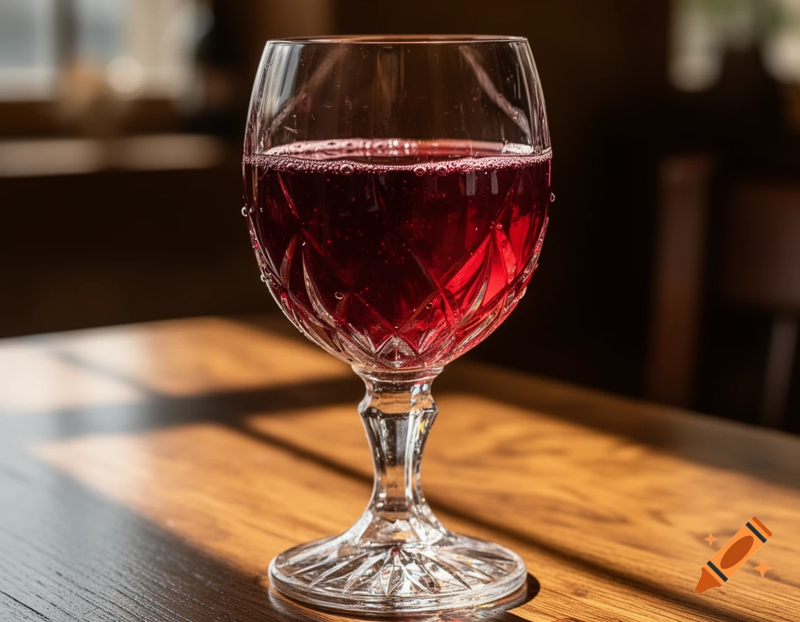 A detailed shot of a crystal wine glass filled with red wine on a wooden table, with sunlight casting shadows.