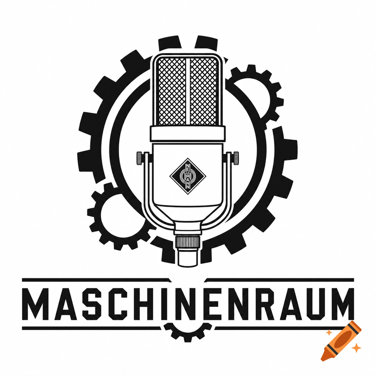 A black and white minimalist vector logo featuring a classic studio microphone centered within large gears, with the text 'MASCHINENRAUM' below.