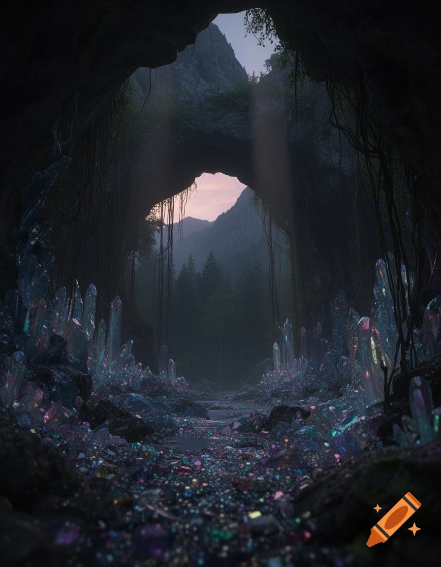 A dark cave entrance filled with sparkling, colorful crystals on the floor, looking out to sunlit mountains and a pink sky.