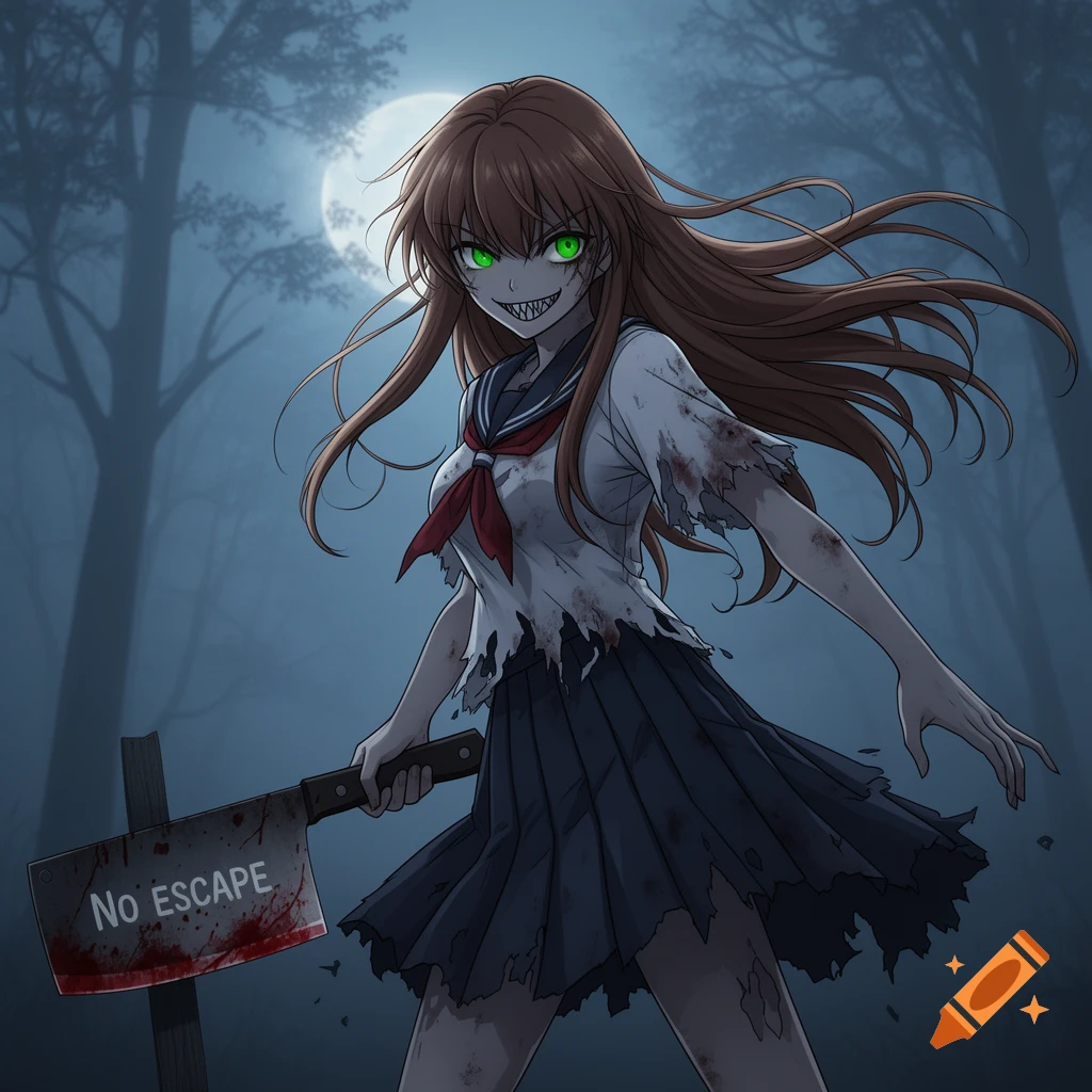 Anime girl with green eyes and sharp teeth in a torn school uniform, holding a bloody cleaver that says 'NO ESCAPE' in a foggy forest.