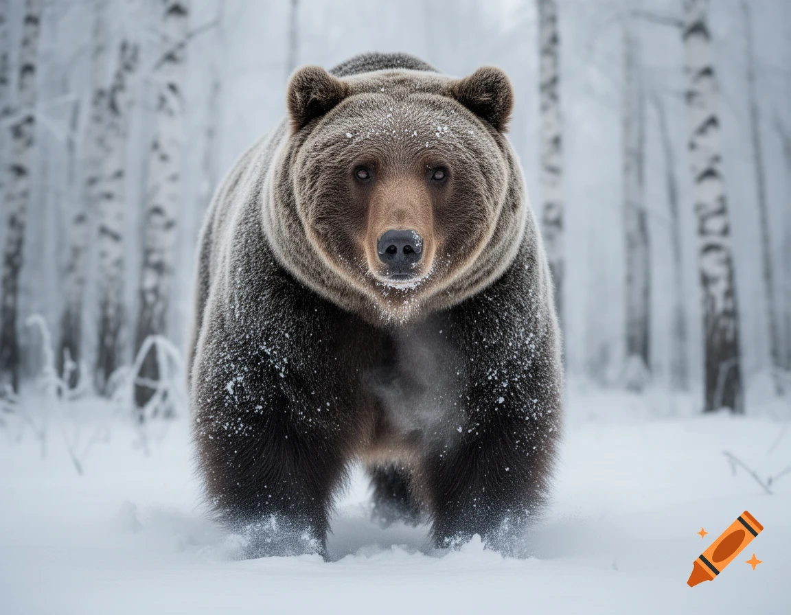 A large brown bear stands in deep snow, covered in snowflakes, in a snow-covered birch forest.