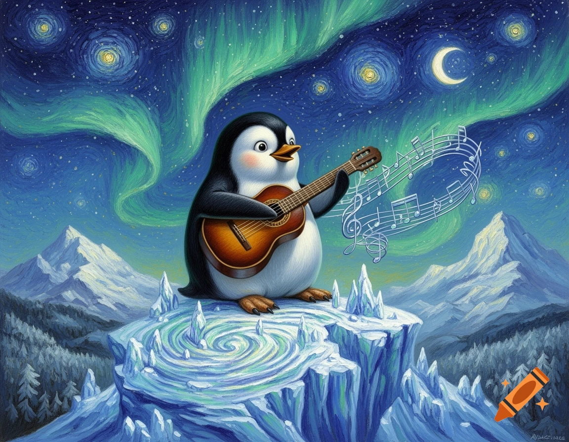 A cute penguin playing a guitar on an icy cliff with snowy mountains under a vibrant aurora borealis sky, in a Van Gogh painting style.
