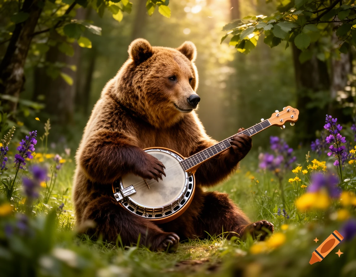 A photorealistic brown bear sits in a sunlit forest, playing a banjo amidst purple and yellow wildflowers.