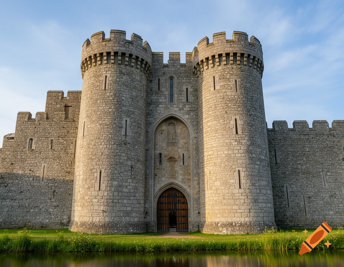 Photorealistic front view of a stone castle with two round towers and a central arched gate, surrounded by a moat and green grass.