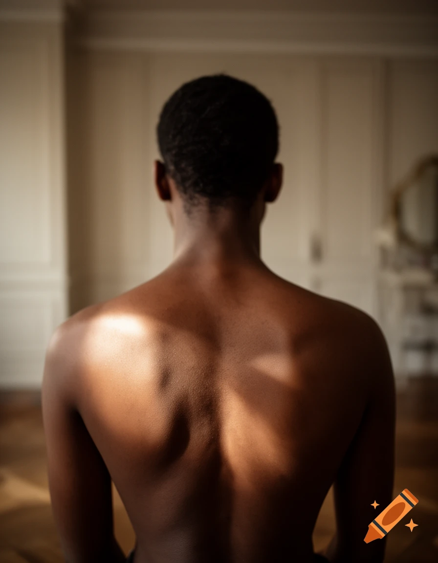 A close-up, photorealistic shot of a person's bare back with dark skin, illuminated by strong sunlight casting shadows.