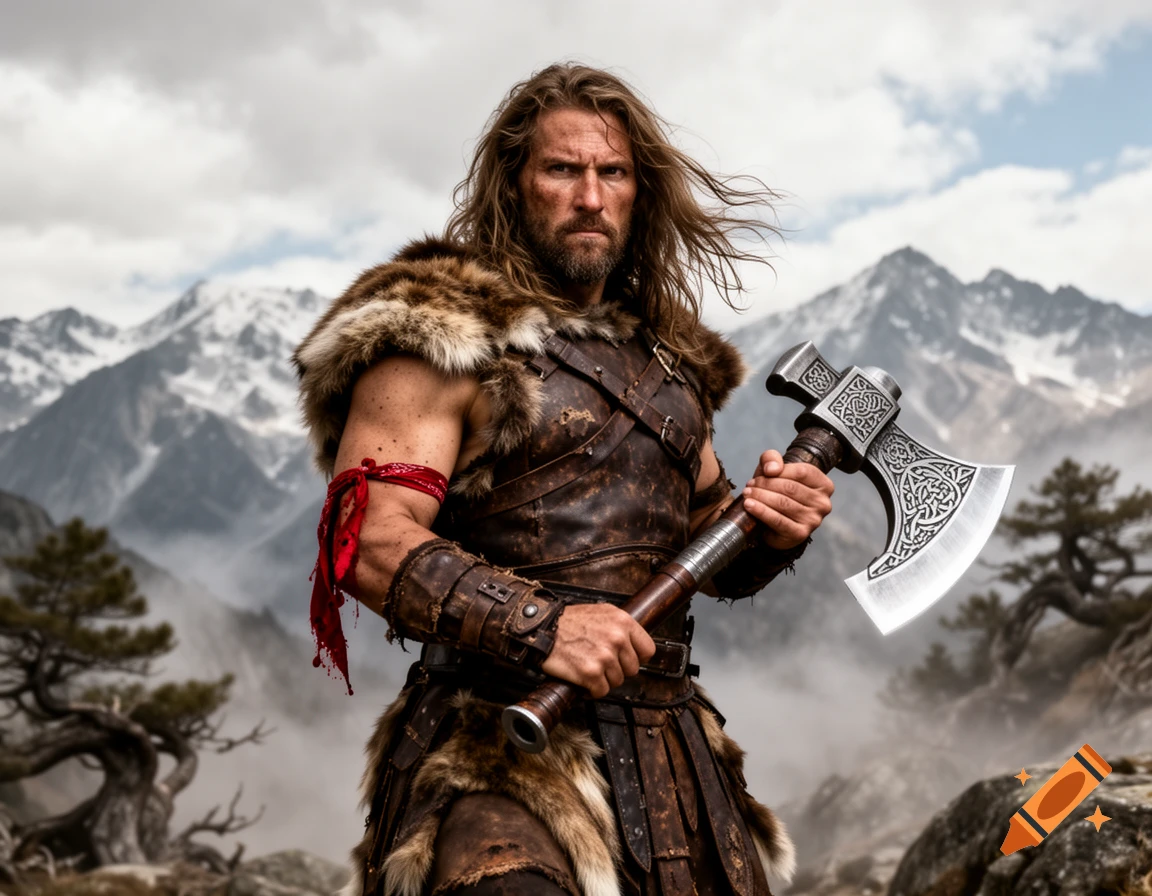 A rugged barbarian warrior with long hair and a beard, wearing fur and leather armor, holding a large ornate axe in a mountain landscape.