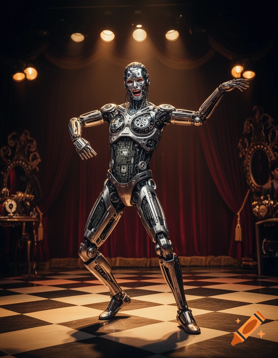 A photorealistic metallic cyborg stands on a checkered stage with red curtains and spotlights, striking a dramatic theatrical pose.