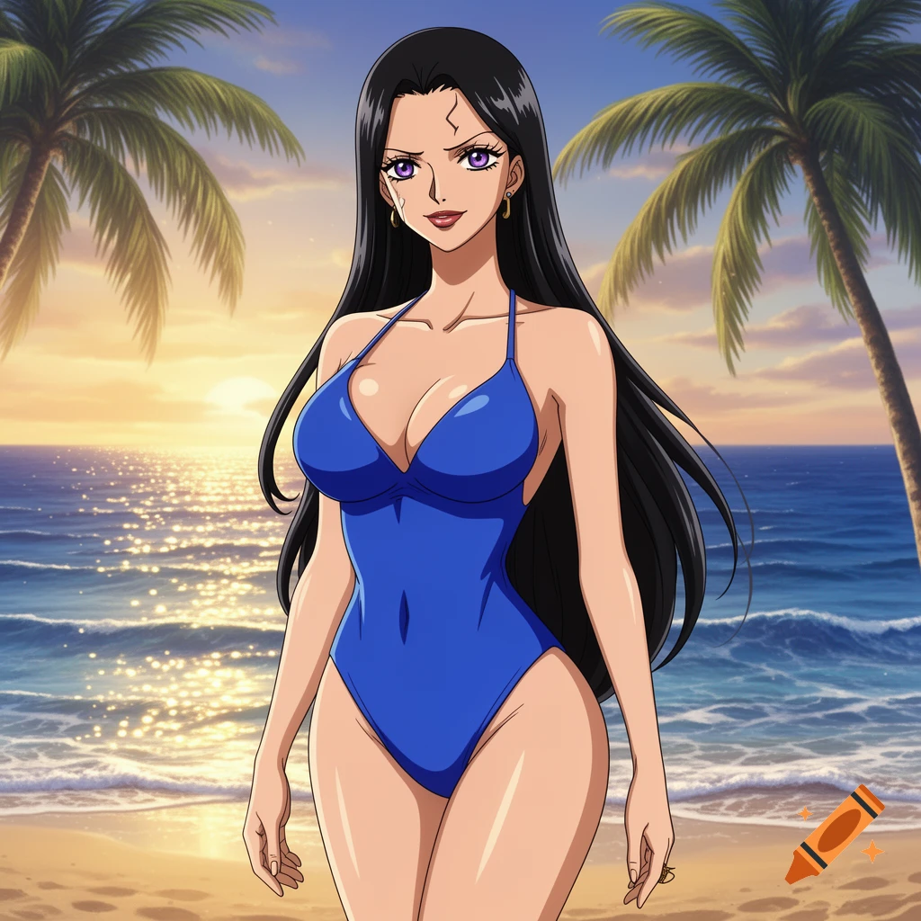 An anime woman with long black hair in a blue one-piece swimsuit stands on a sunny beach with palm trees and ocean at sunset.