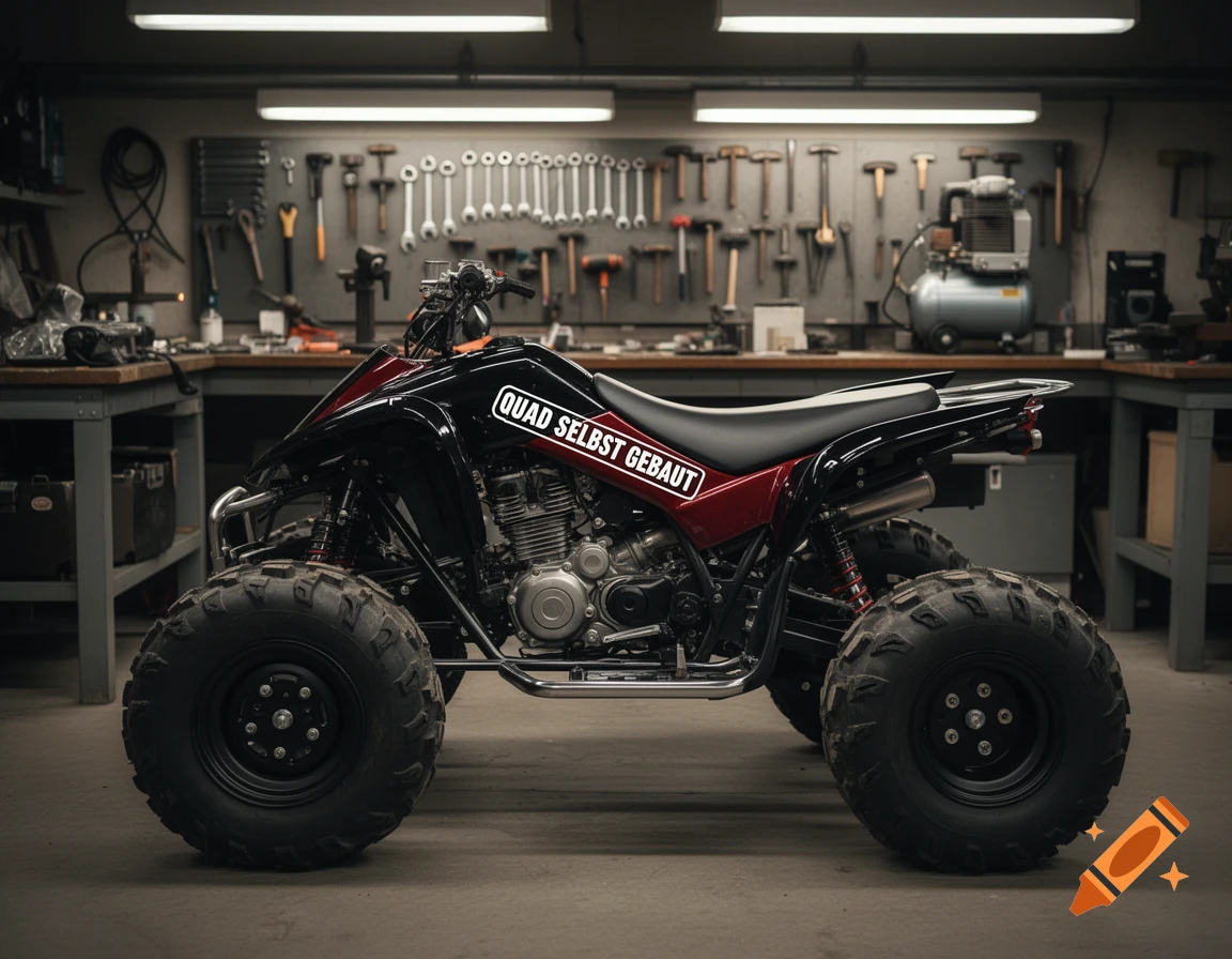A black and red quad bike with 'QUAD SELBST GEBAUT' text on its side, parked in a cluttered garage workshop.