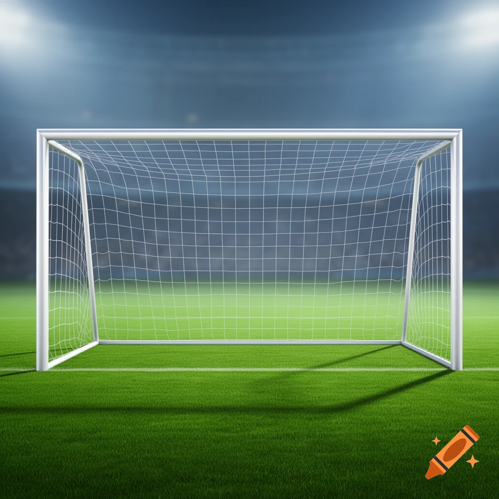 A photorealistic image of a white soccer goal on a green grassy field inside a stadium with bright lights.