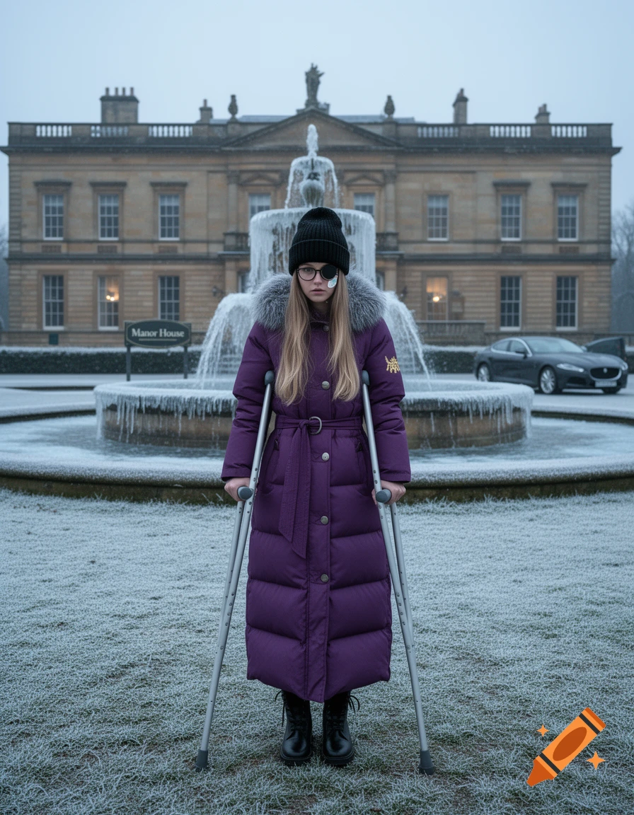 A young woman with an eye patch, glasses, and crutches wears a long purple puffer coat in front of a frosty mansion and fountain.