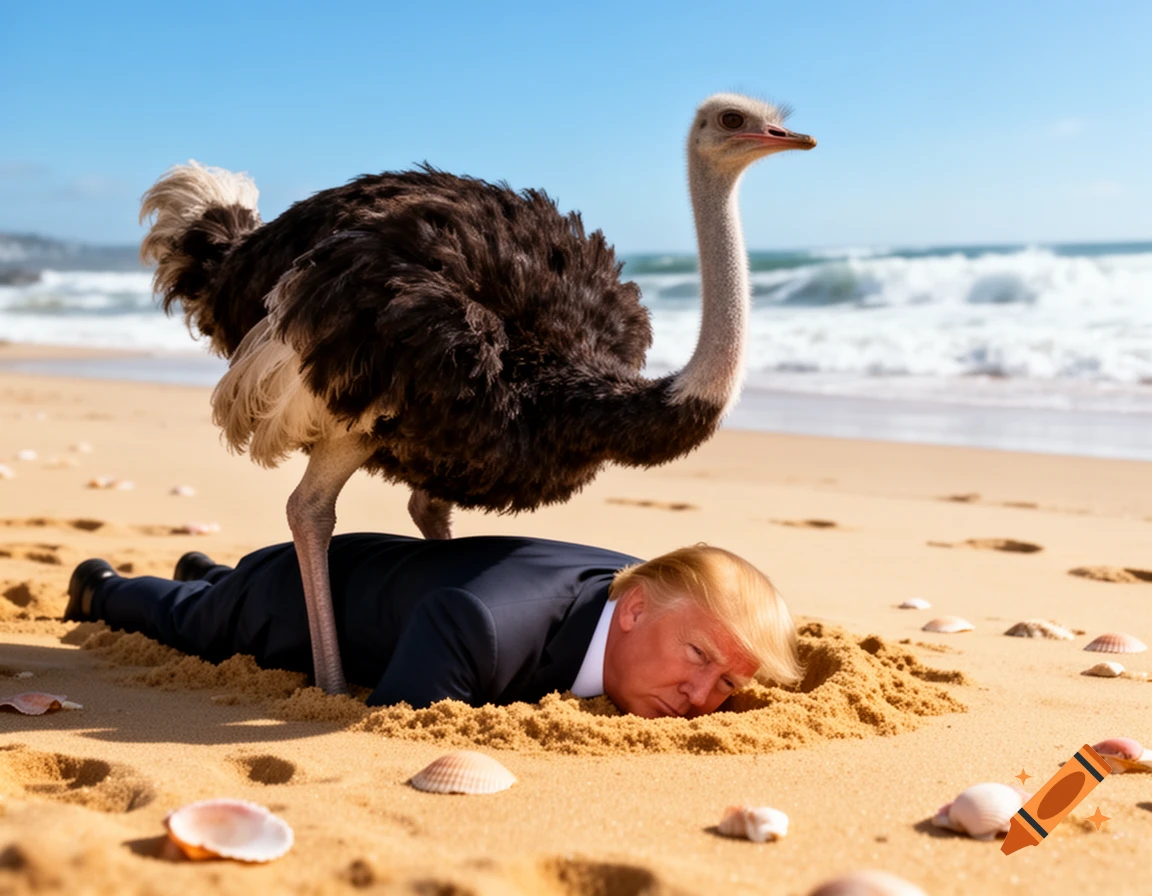 Photorealistic image of Donald Trump with his head buried in the sand on a beach, with a large ostrich standing over him.