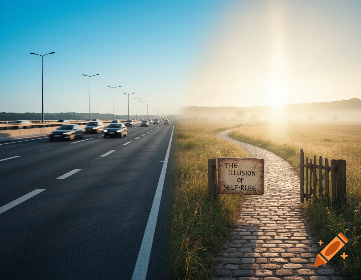 A divided landscape with a busy highway on the left and a serene cobblestone path leading to a sunrise on the right. A sign on the path reads "THE ILLUSION OF SELF-RULE".