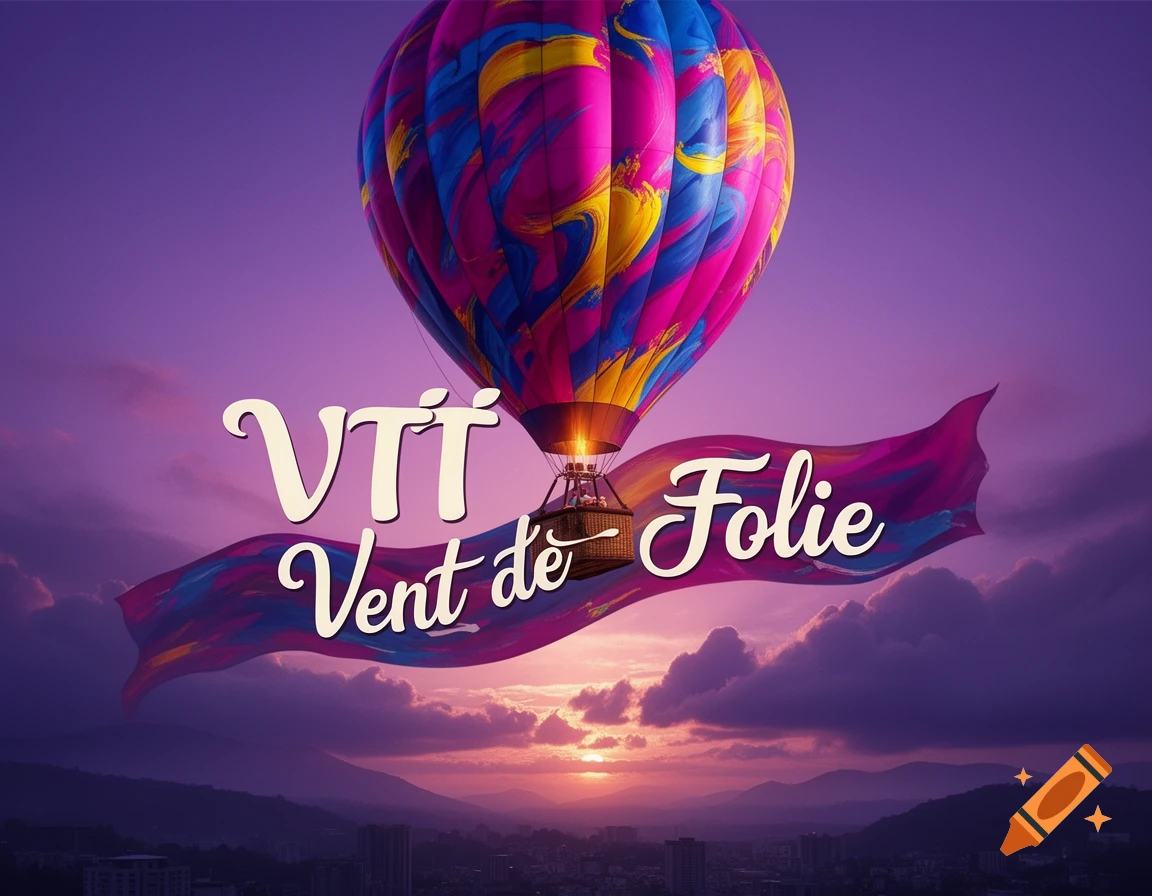 A vibrant, multicolored hot air balloon with a banner reading "VTT Vent de Folie" floats over a city at sunset.
