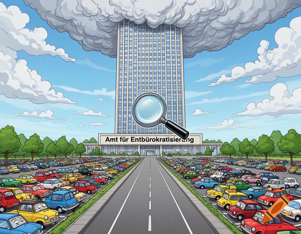 Cartoon of a giant skyscraper with 'Amt f r Entb rokratisierung' written on it, under a storm cloud, with a road and many cartoon cars.