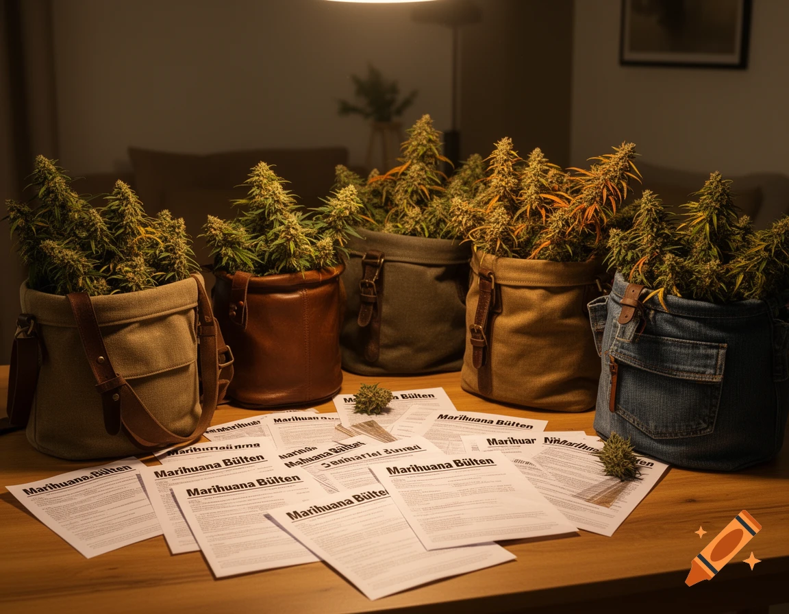 Several bags filled with cannabis buds and papers titled 'Marihuana Bülten' on a wooden table under a light.