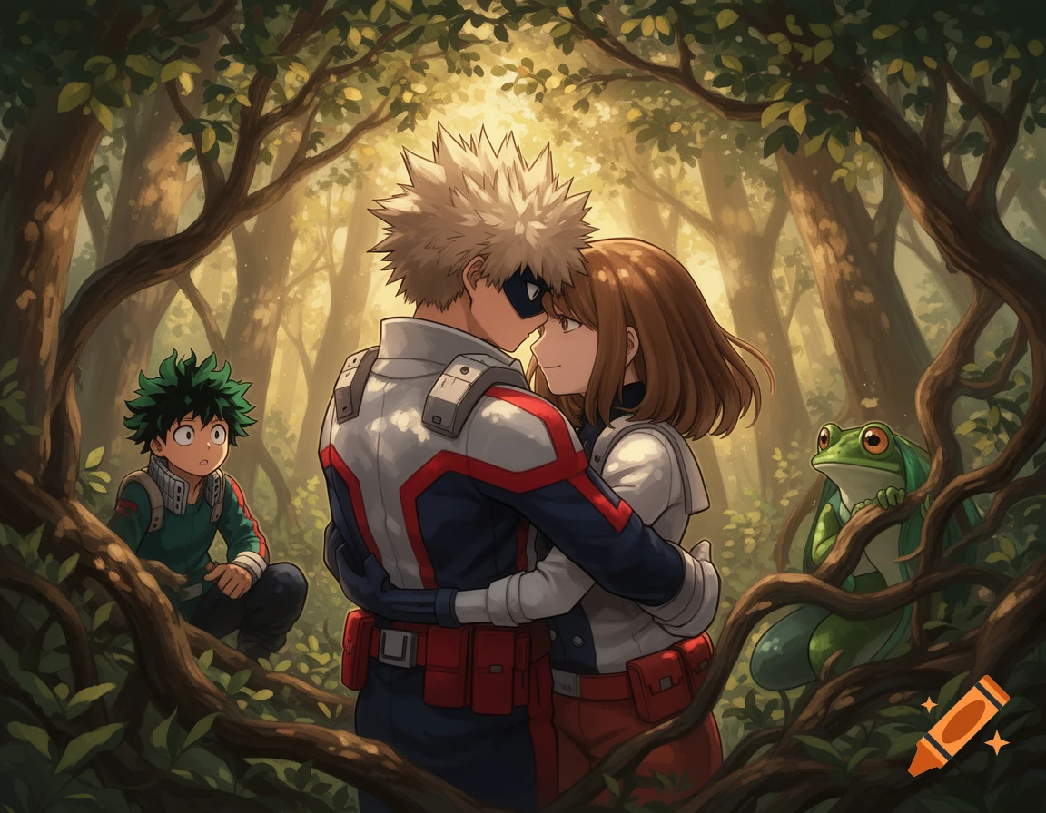 Anime style image of Bakugo hugging Uraraka in a sunlit forest, with Deku and a green frog-like character peeking from the trees.