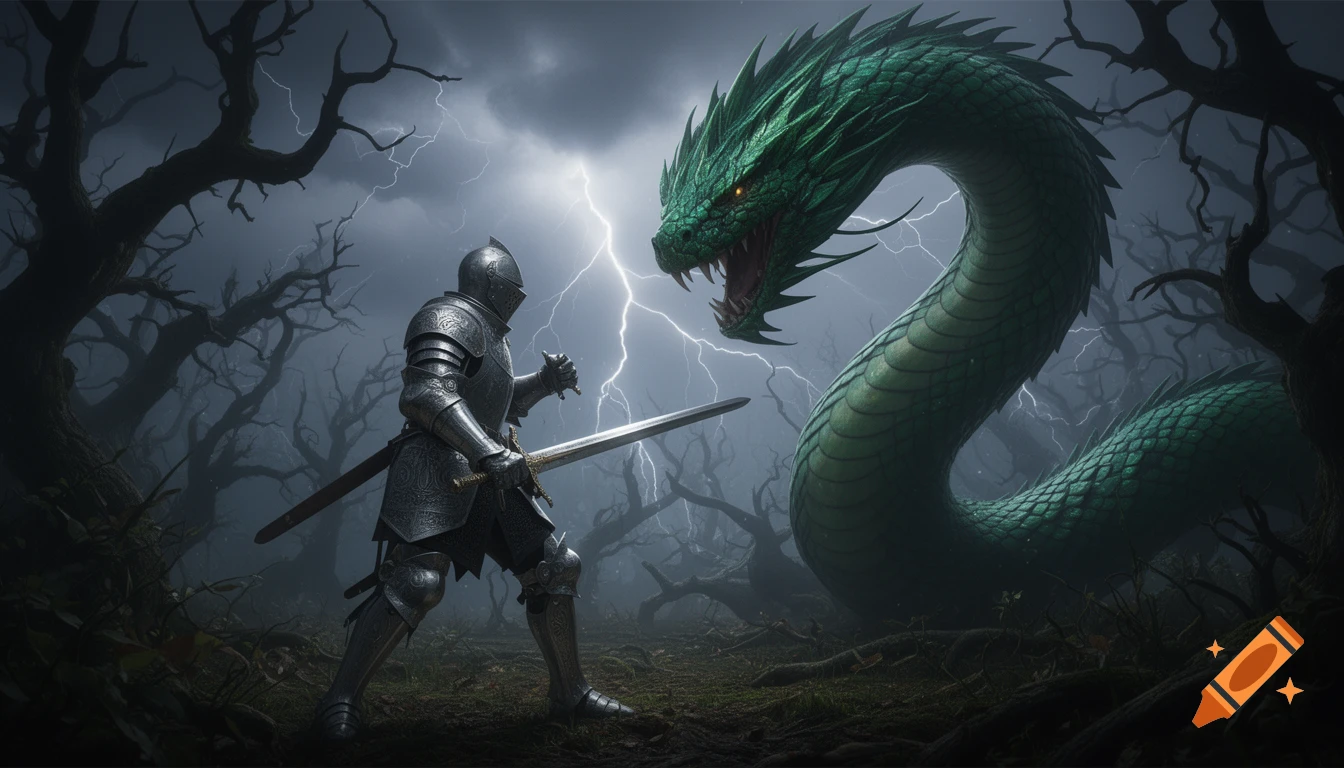 A knight in shining armor faces a giant green dragon in a stormy, gnarled forest with lightning. Cinematic style.