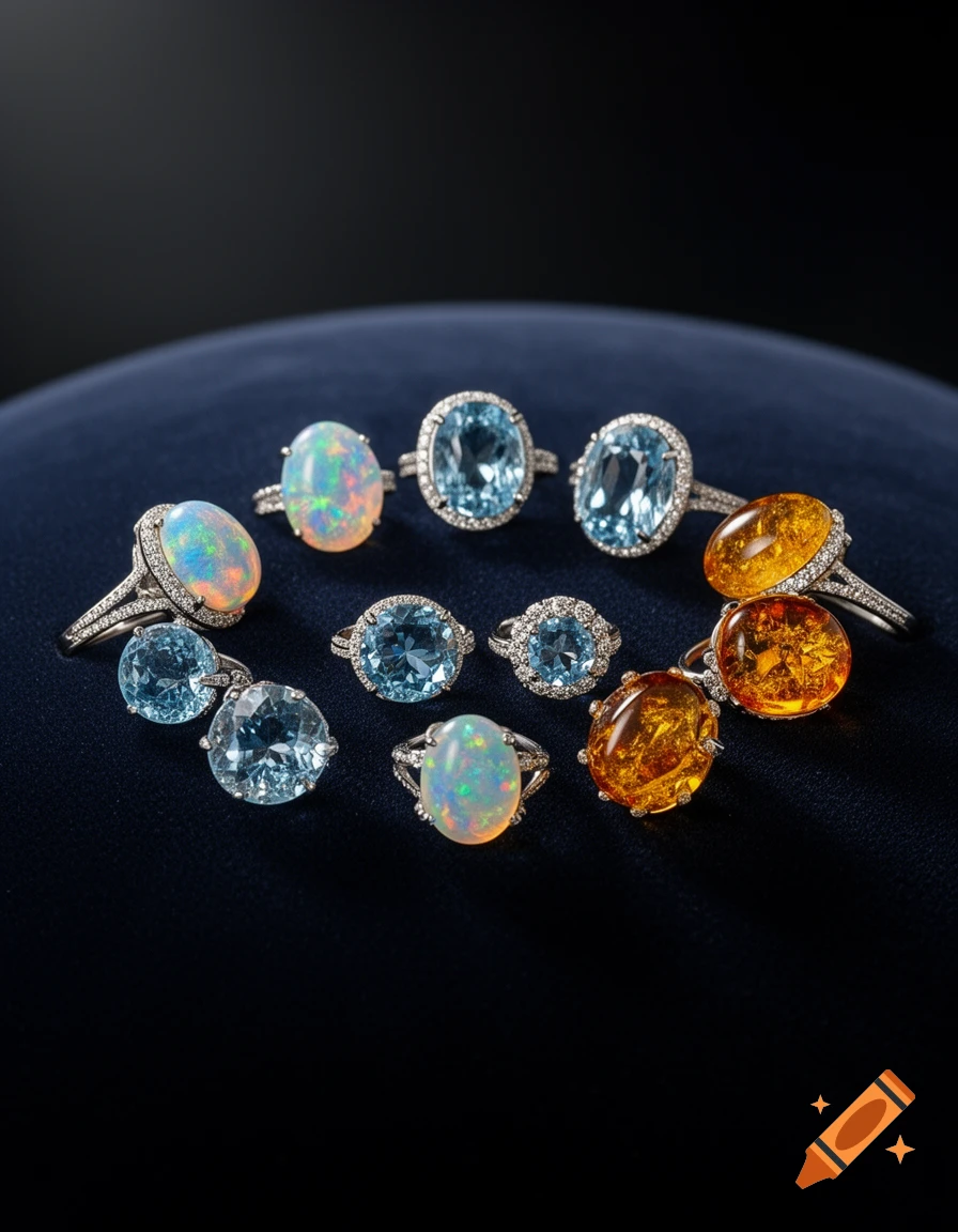 A collection of silver rings with oval-cut opals, aquamarines, and amber gemstones arranged on a dark blue velvet surface.
