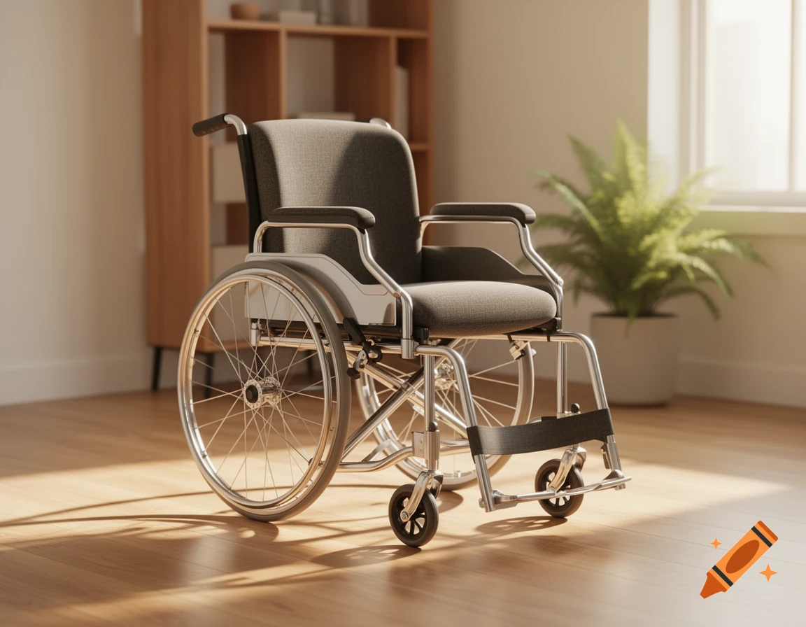 A photorealistic image of a modern grey wheelchair with chrome accents on a wooden floor in a sunlit room.