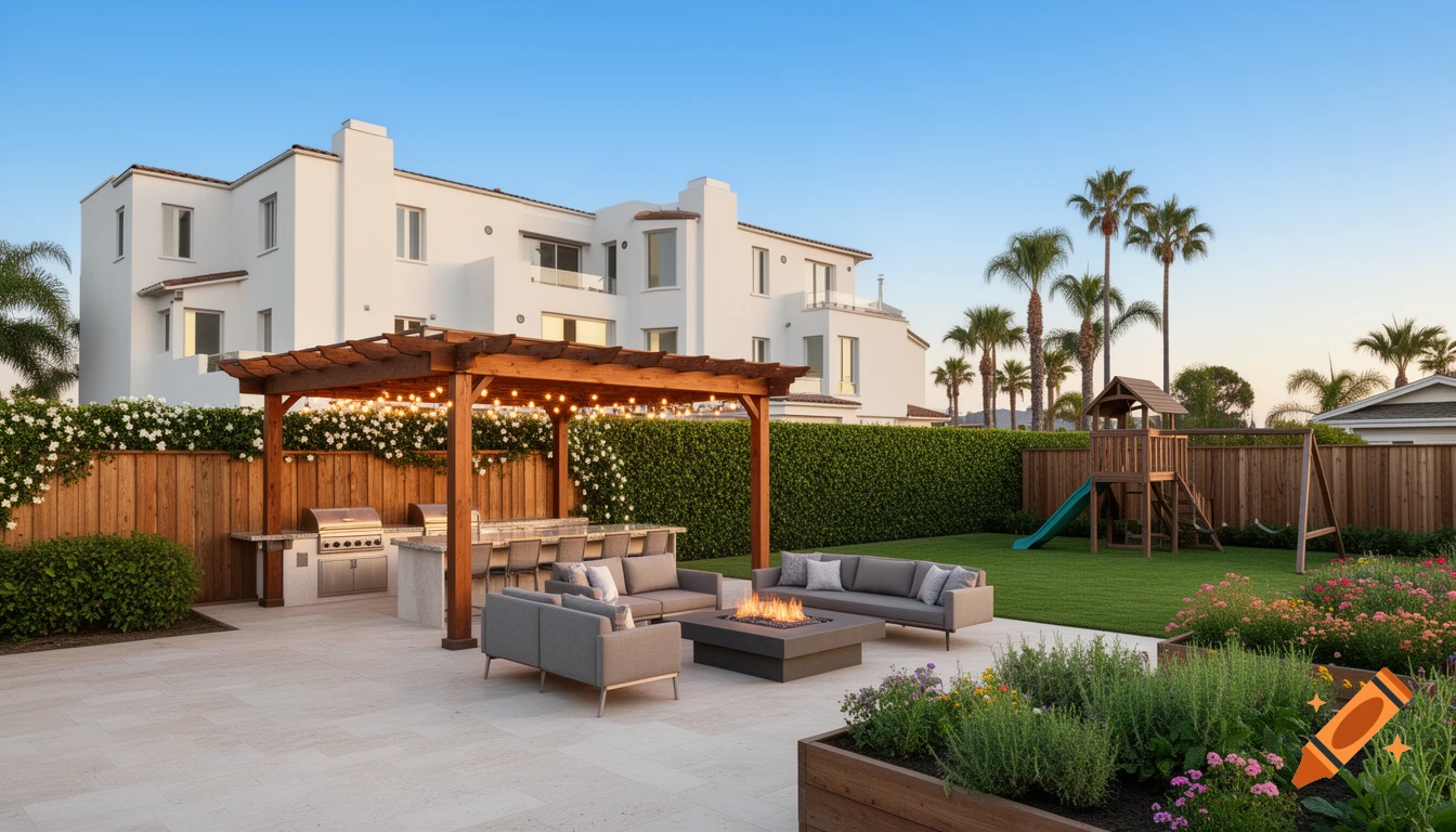Photorealistic luxury backyard with a white stucco home, patio, pergola, outdoor kitchen, fire pit, lush lawn, and kids' play structure.