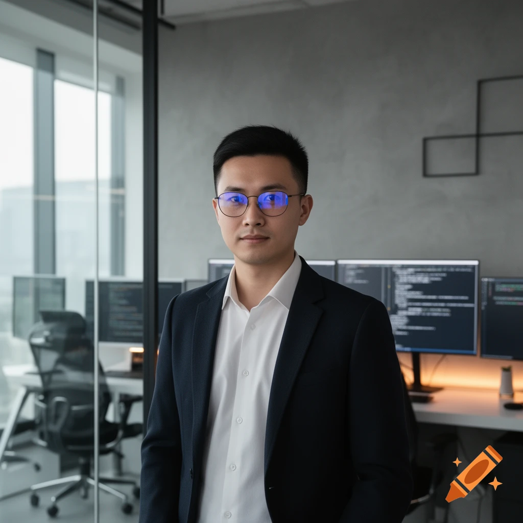 Photorealistic portrait of a man with glasses in a dark suit jacket and white shirt, standing in a modern office with computer monitors in the background.
