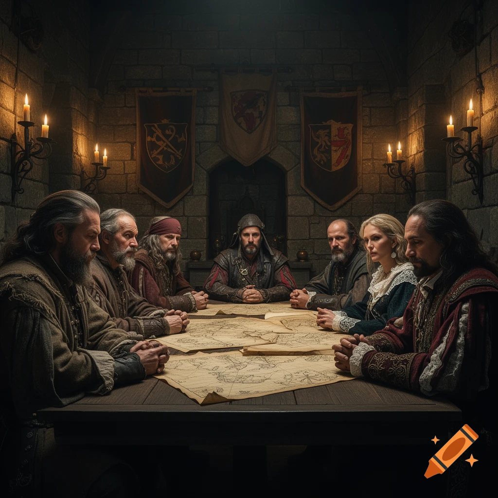 A group of medieval figures, mostly men and one woman, gather around a wooden table covered with old maps in a dimly lit stone room with banners and candles.