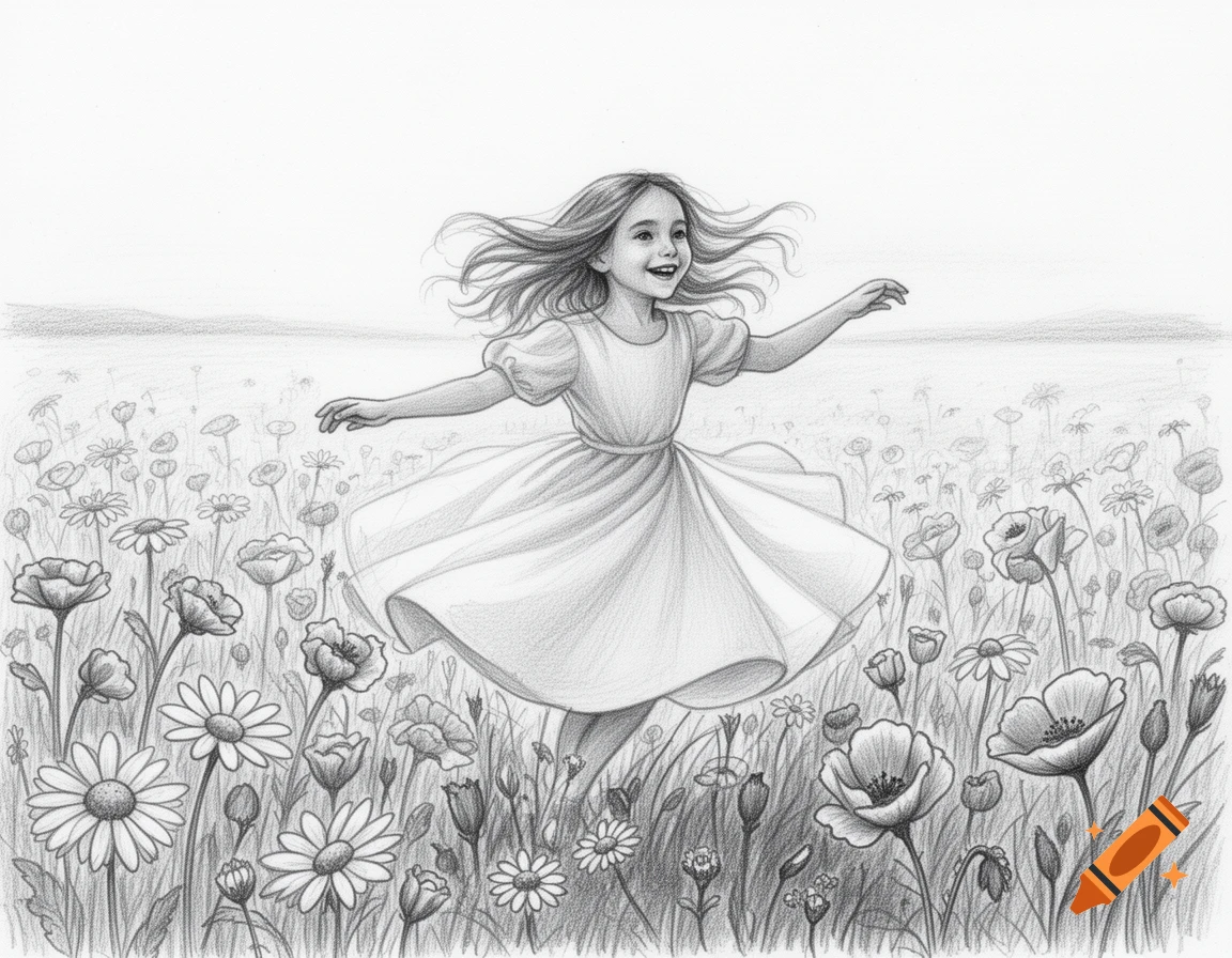 Pencil drawing of a joyful young girl dancing in a field filled with various blooming flowers.