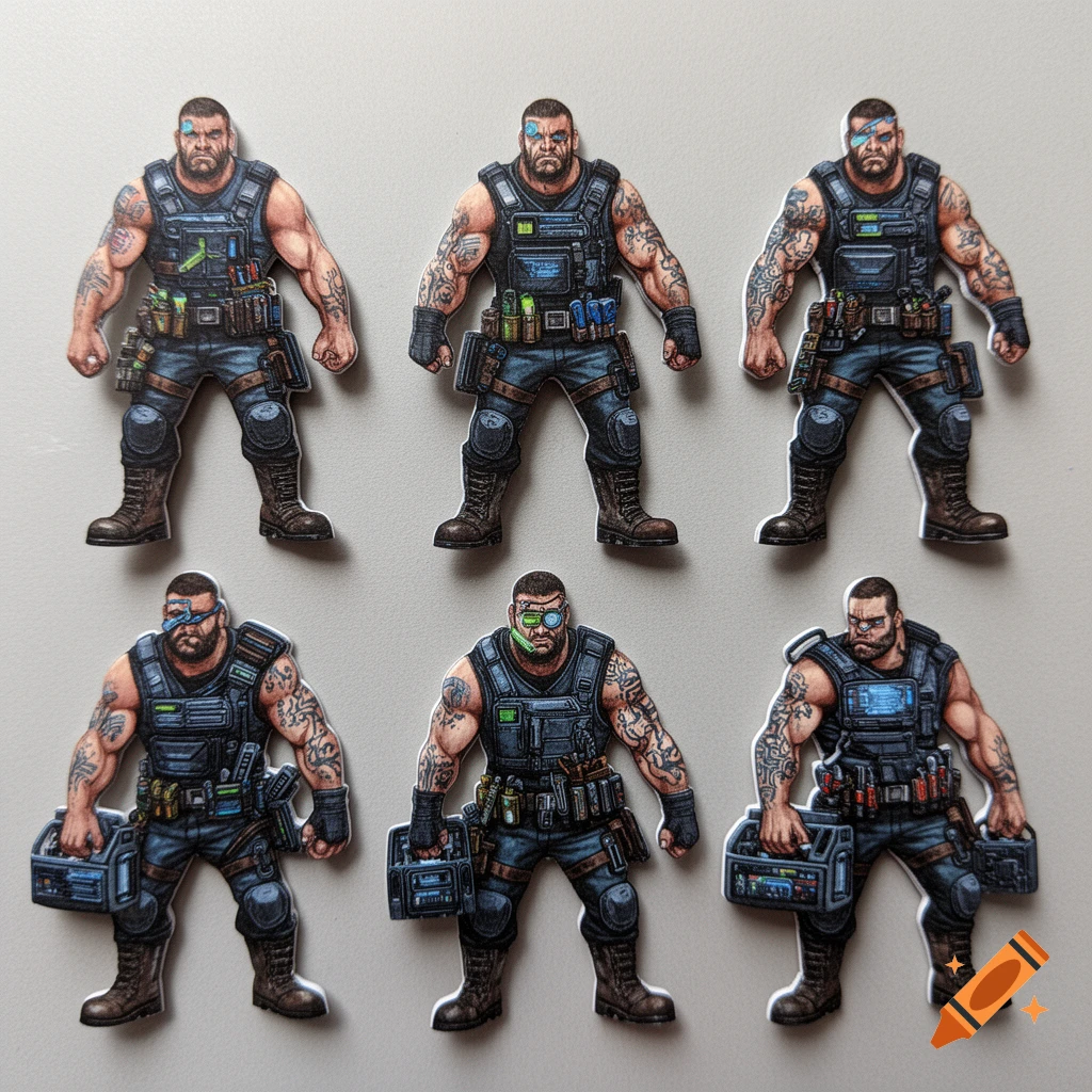 Six cutout paper miniatures of muscular sci-fi dock worker thugs with cybernetic implants and intricate gear, arranged on a gray background.
