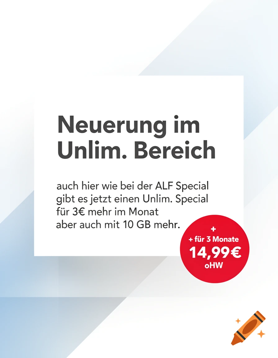 A German promotional graphic for an 'Unlim. Special' with '10 GB mehr' and a price of 14.99 €.
