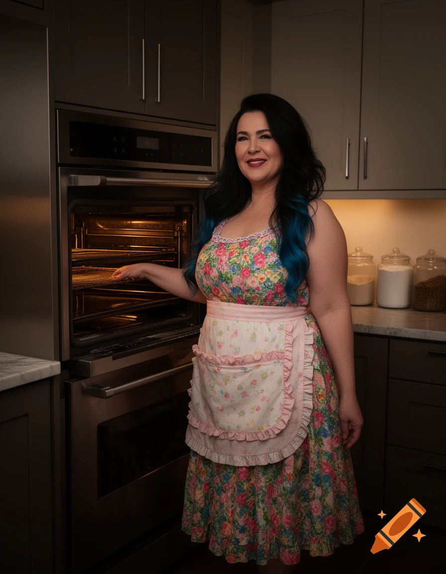 A smiling plus-size woman with dark hair and blue tips, wearing a floral sundress and frilly apron, stands next to an open oven in a dim kitchen.