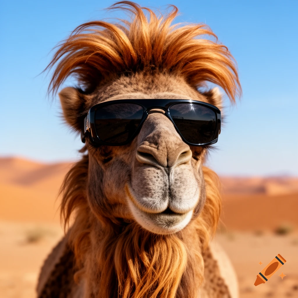 Photorealistic close-up of a cool camel with spiky hair and dark sunglasses in a sunlit desert.
