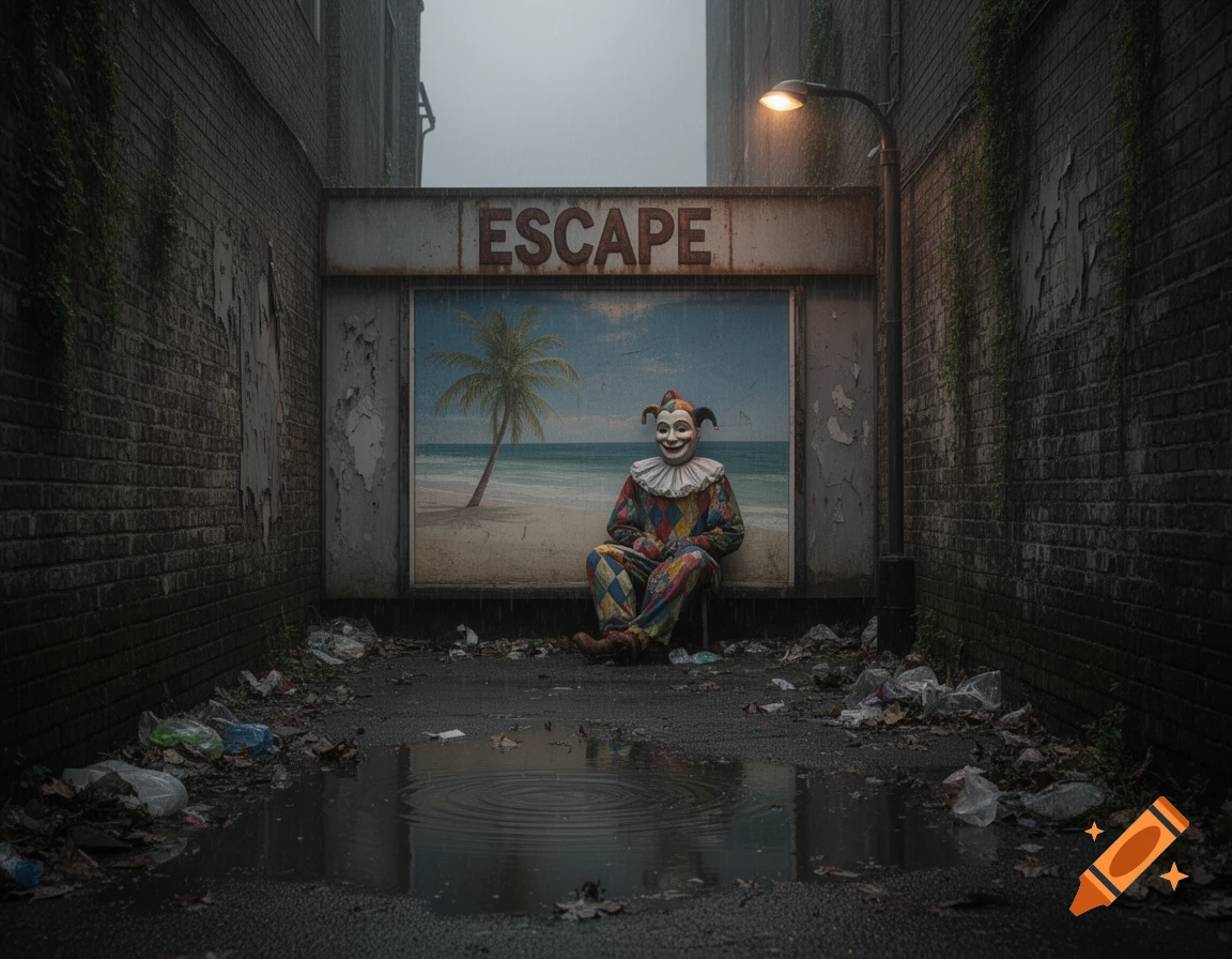 A melancholic clown in a harlequin suit sits in a rainy, trash-filled urban alley with a sign reading 'ESCAPE' and a beach scene behind them.