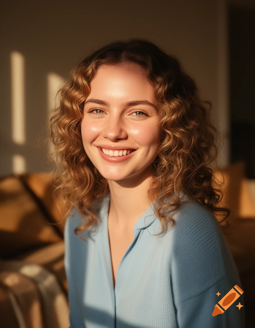 A smiling woman with curly hair in a light blue top, illuminated by warm sunlight, looking directly at the viewer.