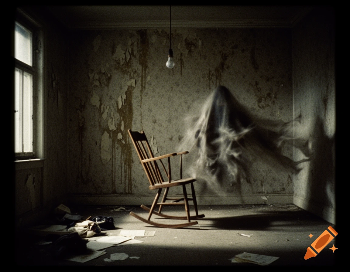 A ghostly figure emerges from a wall next to a rocking chair in a dark, dilapidated room with peeling wallpaper, reminiscent of an old photograph.