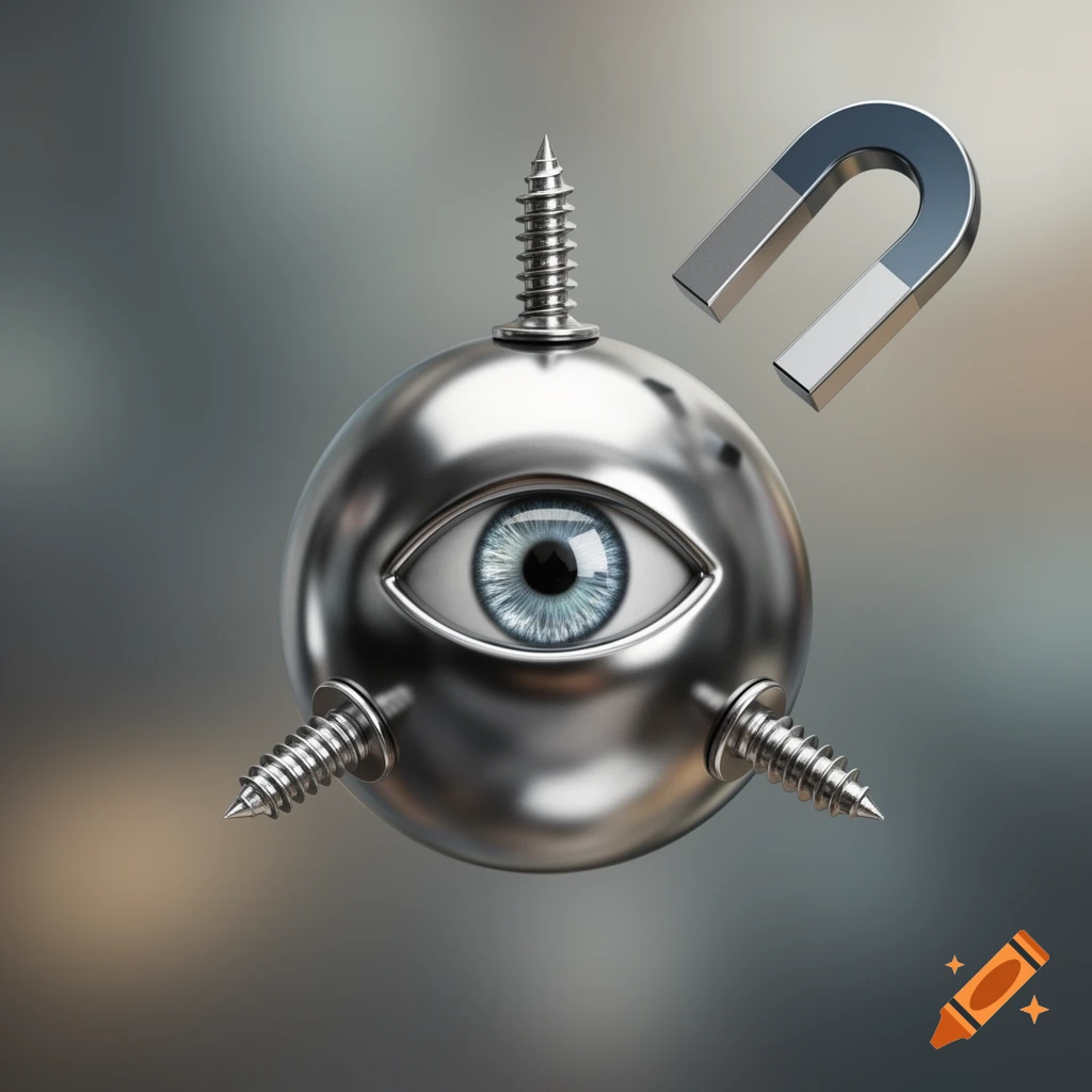 A metallic sphere with a realistic blue eye at its center, three screws protruding from it, and a U-shaped magnet floating nearby.