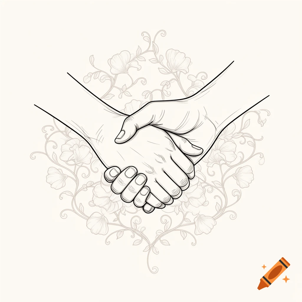 Line art illustration of two hands clasped, with a delicate floral pattern background.